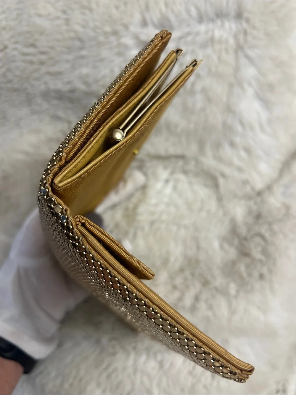 Whiting and Davis Vintage 1970’s gold mesh organizer clutch wallet